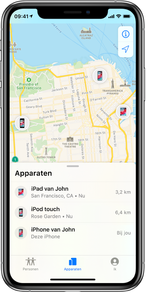Er staan drie apparaten in de lijst 'Apparaten': Johns iPad, Johns iPod touch en Johns iPhone. Hun locaties worden op een kaart van San Francisco weergegeven.