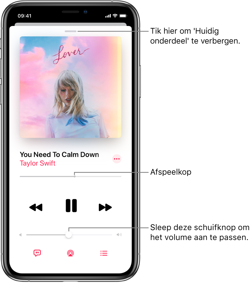 Het scherm 'Huidig onderdeel' met de albumillustratie. Hieronder zie je de titel van het nummer, de artiest, de knop 'Meer', de afspeelkop, afspeelregelaars, de volumeschuifknop, de songtekstknop, de afspeelbestemmingsknop en de knop 'Volgende'. De knop voor het verbergen van het huidige onderdeel bevindt zich bovenin.