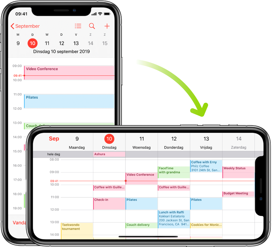 Op de achtergrond zie je een iPhone in de staande schermstand, met daarop Agenda met de activiteiten voor één dag. Op de voorgrond zie je de iPhone in de liggende schermstand en zijn de Agenda-activiteiten voor de hele week met diezelfde dag te zien.