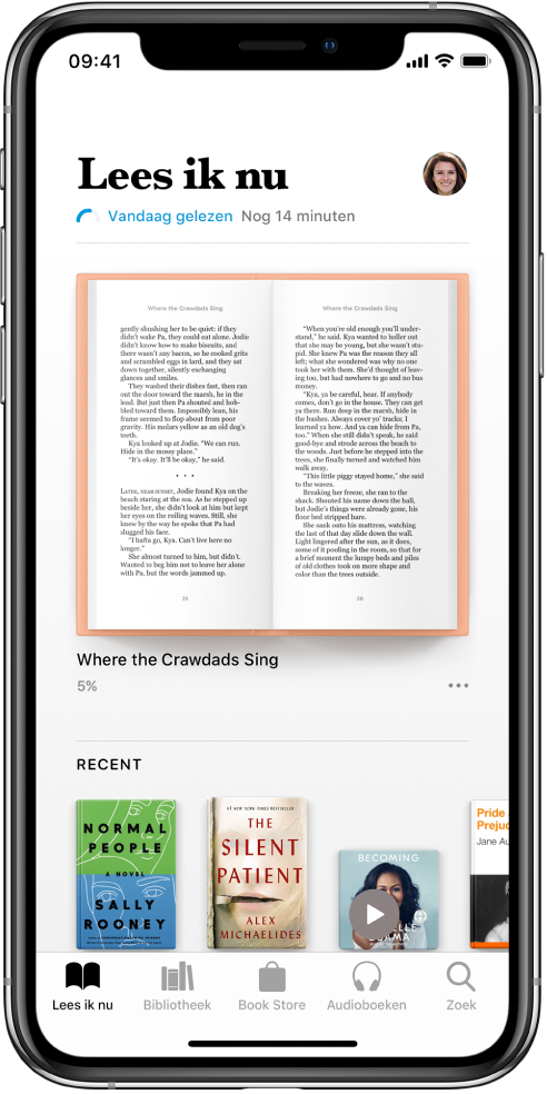 Het tabblad 'Lees ik nu' in de Boeken-app. Onder in het scherm staan van links naar rechts de tabbladen 'Lees ik nu', 'Bibliotheek', 'Book Store', 'Audioboeken' en 'Zoek'.