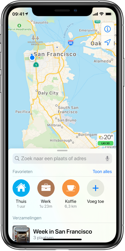 Een kaart van de San Francisco Bay Area, met twee favoriete locaties onder het zoekveld. De favorieten zijn Thuis en Werk.