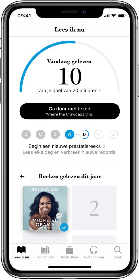 Het gedeelte 'Leesdoelen' in 'Lees ik nu'. De leesteller geeft aan dat 10 minuten van een doel van 20 minuten zijn gedaan. Onder de teller zie je een knop 'Ga door met lezen' en cirkels voor de dagen van de week (zondag tot en met zaterdag). Blauwe randen rond de cirkel geven de leesvoortgang voor die dag aan. Onder aan de pagina zie je de omslagen van 'Boeken gelezen dit jaar'.