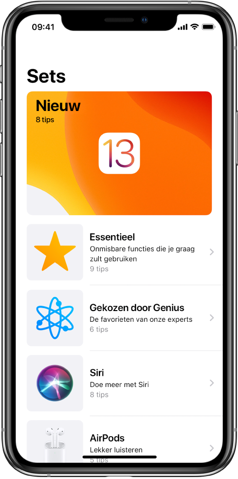 Een scherm met verzamelingen Tips met pijltjes naar rechts om aan te geven dat je op een verzameling kunt tikken om de tips daarin te bekijken.