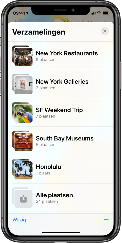 Een lijst met verzamelingen in de Kaarten-app. Van boven naar beneden staan de verzamelingen 'Restaurants in New York', 'Galerieën in New York', 'Weekend in San Francisco', 'Museums in de South Bay', 'Honolulu' en 'Alle plaatsen'. Linksonderin staat de knop 'Wijzig' en rechtsonderin staat de knop 'Voeg toe'.