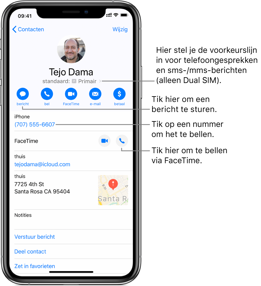 Het informatiescherm voor een contactpersoon. Bovenin staan de naam en foto van de contactpersoon. Daaronder staan knoppen voor het versturen van een bericht, bellen met de telefoon, bellen met FaceTime, het sturen van een e-mail en het sturen van geld via Apple Pay. Onder de knoppen vind je de contactgegevens.