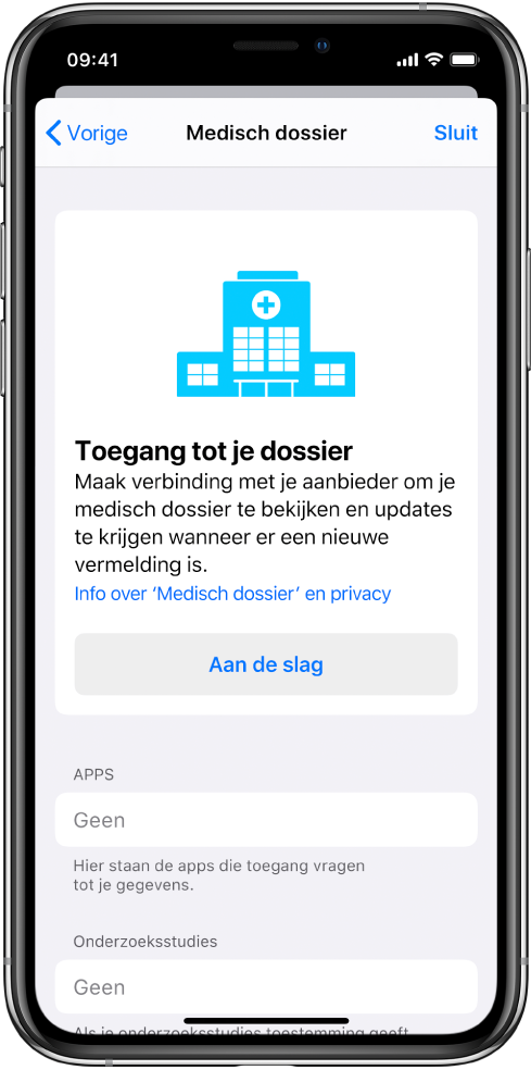 Het scherm 'Medisch dossier' met een knop 'Aan de slag'.