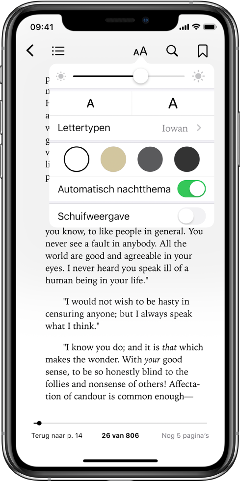 Het weergavemenu met, van boven naar beneden, knoppen voor helderheid, lettergrootte, lettertype, paginakleur, automatisch nachtthema en schuifweergave.