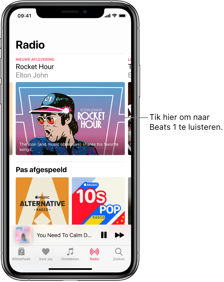 Het Radio-scherm met Beats 1 Radio bovenin. Eronder zie je pas afgespeelde onderdelen.