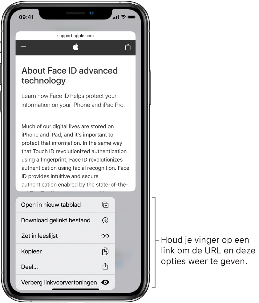 Een overlay met een voorvertoning van de URL van de bestemming, gevolgd door een lijst met mogelijke taken: 'Open', 'Voeg toe aan leeslijst', 'Voeg toe aan Foto's', 'Kopieer' en 'Deel'.