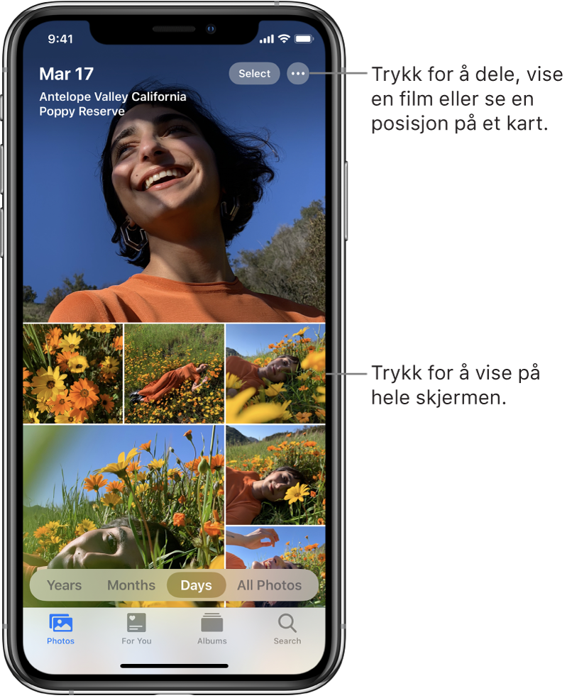 Bildebiblioteket i Dager-visning. Et utvalg av miniatyrbilder fyller skjermen. Øverst til venstre på skjermen vises datoen og posisjonen hvor bildene ble tatt. Øverst til høyre vises knappene Velg og Flere valg for å dele bilder og se detaljer. Under miniatyrbildene er det alternativer for å vise bildebiblioteket etter År, Måneder, Dager og Alle bilder. Langs bunnen er det faner for Bilder, For deg, Albumer og Søk.