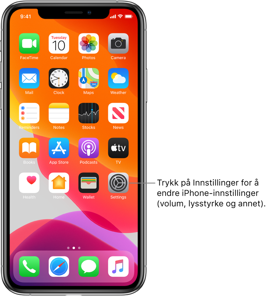 Hjem-skjermen med flere symboler, inkludert Innstillinger-symbolet, som du kan trykke på for å endre lydvolumet, lysstyrken på skjermen og annet på iPhone.