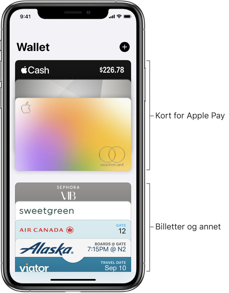 Wallet-skjermen som viser den øverste delen av flere kreditt- og debetkort og billetter.