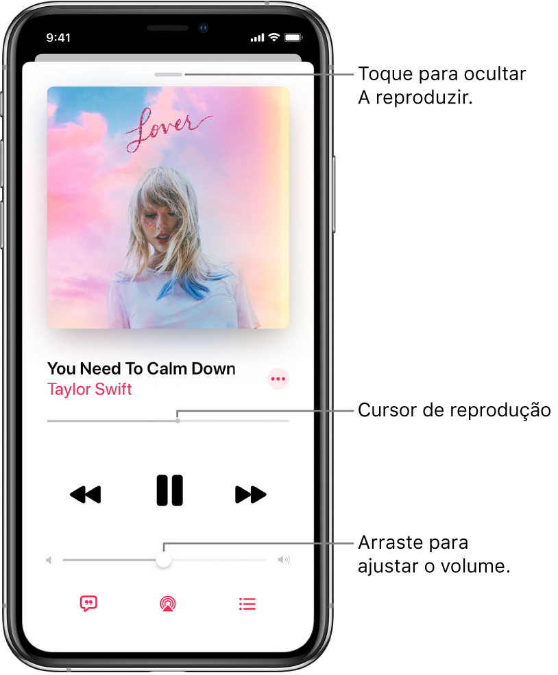 O ecrã “A reproduzir” com o grafismo do álbum. Por baixo estão o título da música, o nome do intérprete, o botão Mais, o cursor de reprodução, os controlos de reprodução, o nivelador de Volume, o botão Letra, o botão “Destino da reprodução” e o botão Seguintes. O botão “Ocultar a reproduzir” está na parte superior.