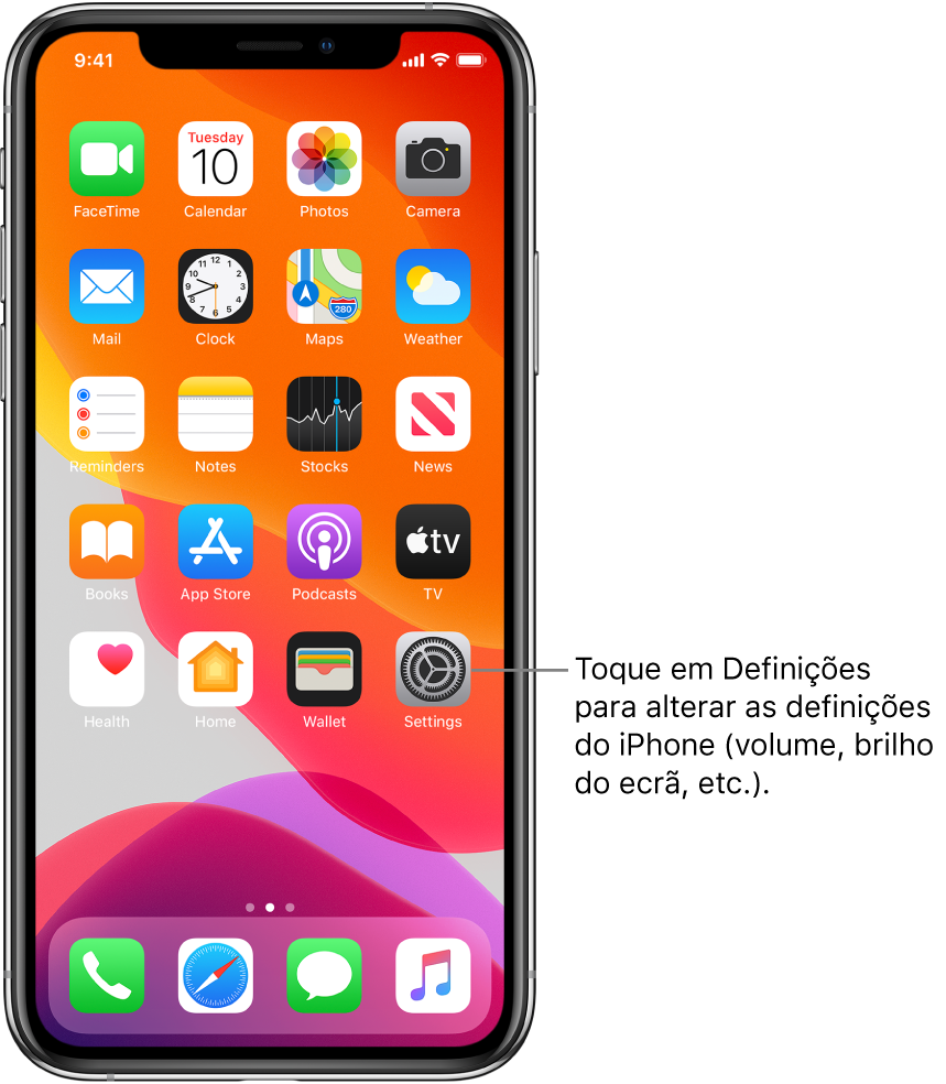 O ecrã principal com vários ícones, incluindo o ícone Definições, no qual pode tocar para alterar o volume de som, o brilho no ecrã e outras definições do iPhone.