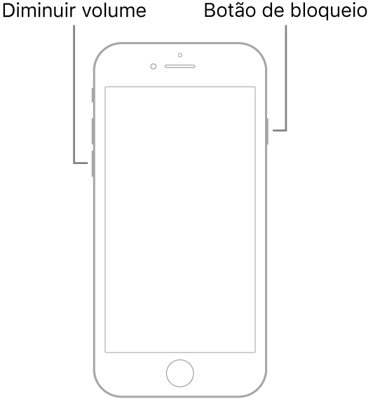 Ilustração do iPhone 7 com o ecrã virado para cima. O botão de reduzir o volume está no lado esquerdo do dispositivo, havendo um botão de bloqueio no lado direito.