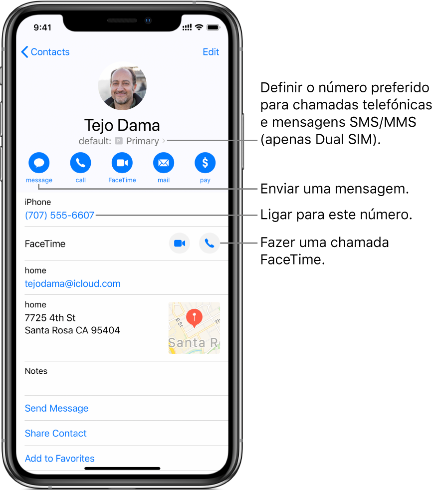 Ecrã de informação relativo a um contacto. Nome e fotografia do contacto no topo. Em baixo, botões para enviar uma mensagem, efetuar uma chamada telefónica, efetuar uma chamada FaceTime, enviar uma mensagem de e-mail e enviar dinheiro com Apple Pay. Por baixo dos botões encontra-se a informação do contacto.