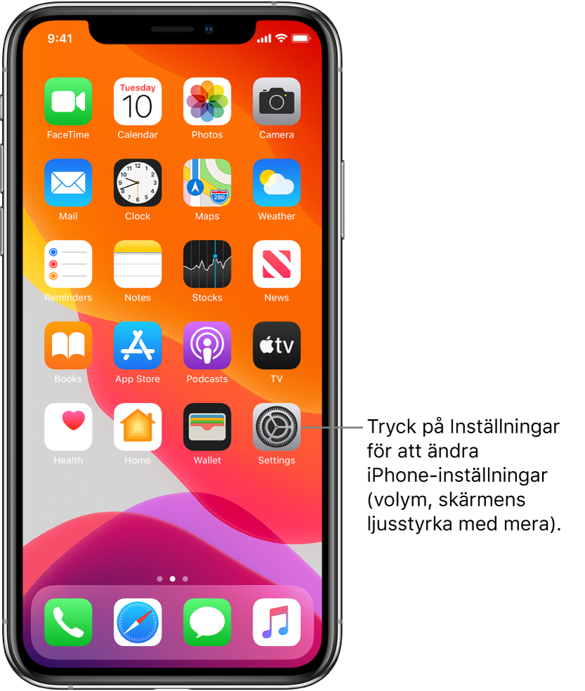 Hemskärmen med flera symboler, bland annat symbolen för Inställningar, som du kan trycka på när du vill ändra ljudvolymen, ljusstyrkan på skärmen med mera på iPhone.