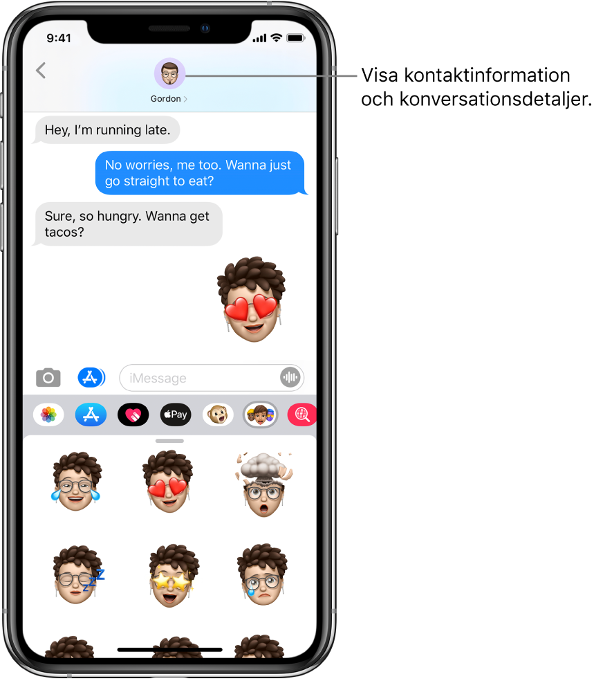 En konversation i Meddelanden. Från vänster till höger längs överkanten finns tillbaka-knappen och en bild på personen som du skickar meddelanden till. I mitten finns de meddelanden som har skickats och tagits emot i konversationen. Längst ned, från vänster till höger, finns knapparna Bilder, Affärer, Apple Pay, Animoji, Hashtag-bilder, Musik och Digital Touch.