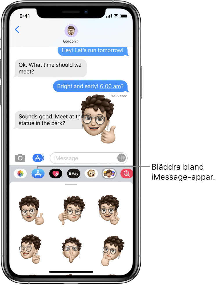 En konversation i Meddelanden med knappen för bläddring bland iMessage-appar markerad. Den öppna applådan visar smileymärken.
