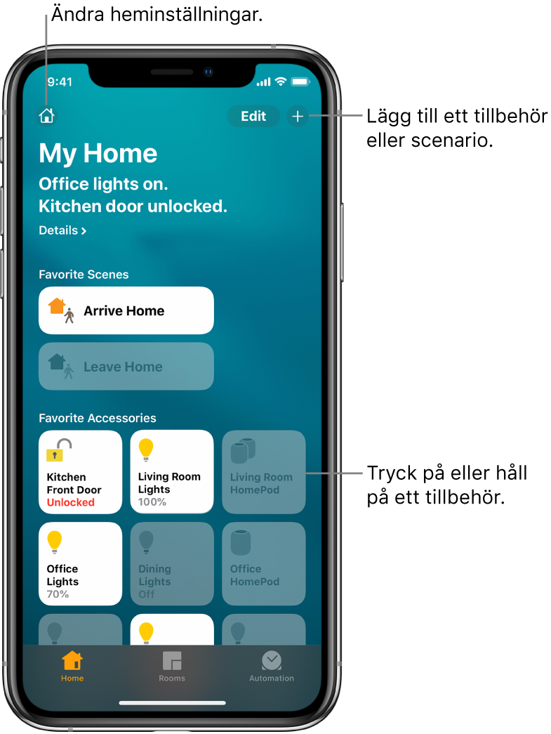 Fliken Hem med scenarier och tillbehör som har markerats som favoriter. Här visas även en sammanfattning av statusen för hemmet. Andra flikar längs med nederkanten som visas är Rum och Automatisering.