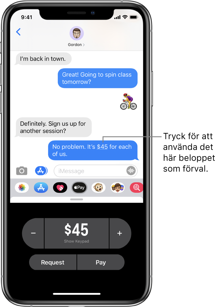 En iMessage-konversation med appen Apple Pay öppnad längst ned.