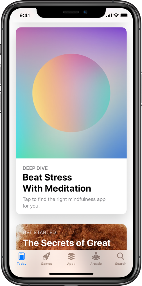 App Store-skärmen med fliken Idag vald längst ned på skärmen. Mitt på skärmen finns en artikel som heter Deep Dive, Beat Stress with Meditation.