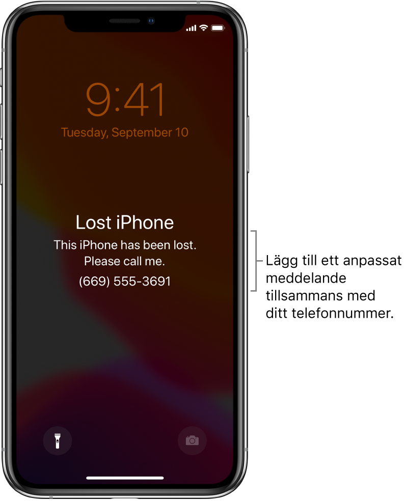 En låsskärm på iPhone med meddelandet: ”Borttappad iPhone. Denna iPhone är borttappad. Var snäll och ring mig. 012-123 45 67.” Du kan lägga till ett eget meddelande med ditt telefonnummer.