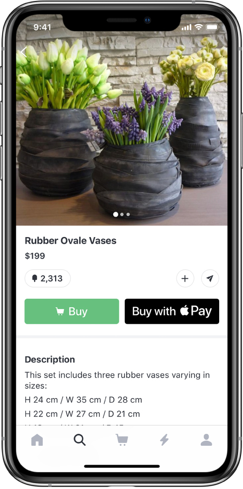 En app med en betalningsskärm med knappen Köp med Apple Pay.