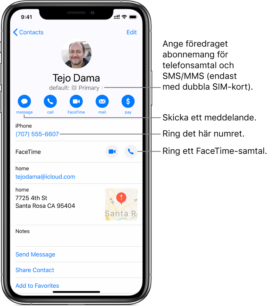Infoskärmen för en kontakt. Högst upp visas kontaktens bild och namn. Under finns knapparna för att skicka ett meddelande, ringa ett telefonsamtal, ringa ett FaceTime-samtal, skicka ett mejl och skicka pengar med Apple Pay. Nedanför knapparna finns kontaktinformationen.