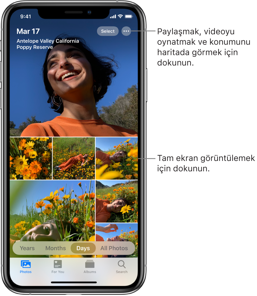 Gün görüntüsünde gösterilen fotoğraf arşivi. Bir fotoğraf seçkisinin küçük resimleri ekranı dolduruyor. Ekranın sol üstünde fotoğrafların seçildiği tarih ve yer var. Sağ üstte fotoğraf seçmek ve ayrıntılarını görmek için Seç ve Daha Fazla Seçenek düğmeleri var. Küçük resimlerin altında fotoğraf arşivini Yıl’a, Ay’a, Gün’e göre ve Tüm Fotoğraflar’ı görüntüleme seçenekleri var. Alt kısımda Fotoğraflar, Sizin İçin,Albümler ve Ara sekmeleri var.