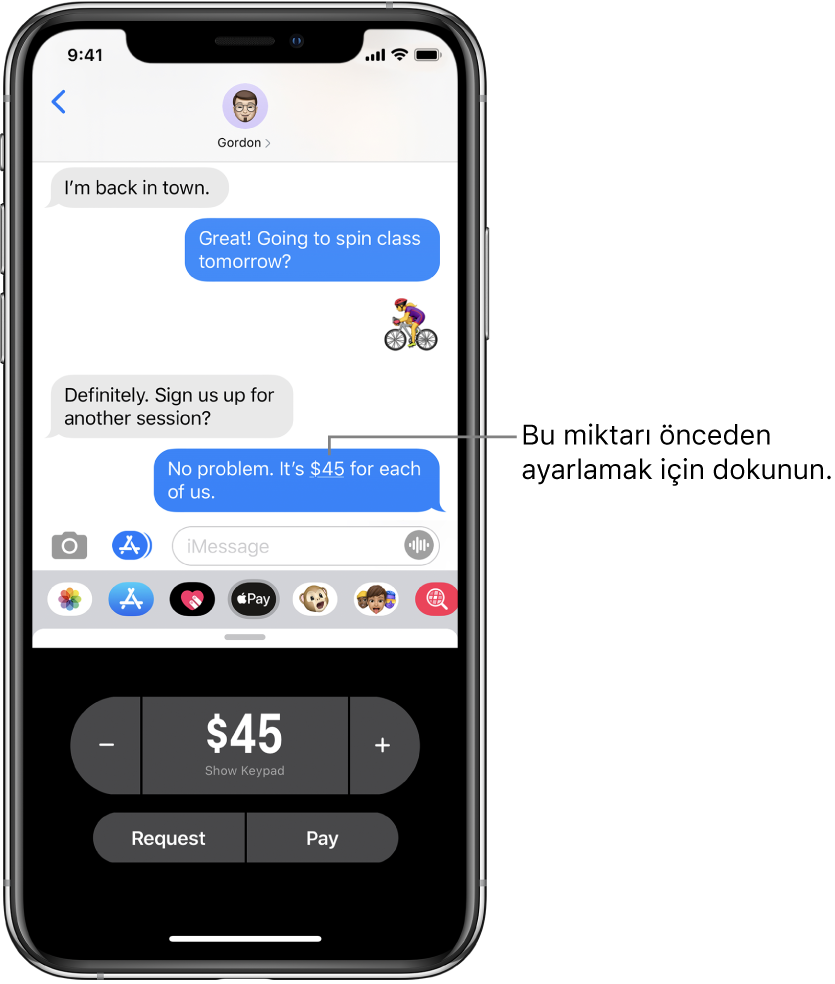 Alt kısımda Apple Pay uygulamasının açık olduğu bir Mesajlar yazışması.