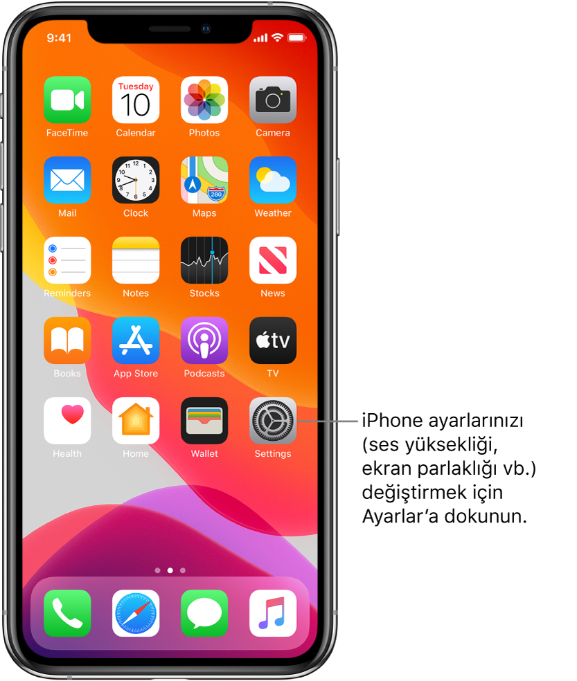iPhone’unuzun ses yüksekliğini, ekran parlaklığını ve daha birçok şeyi değiştirmek için dokunabileceğiniz Ayarlar simgesi de dahil olmak üzere birçok simgenin bulunduğu ana ekran.