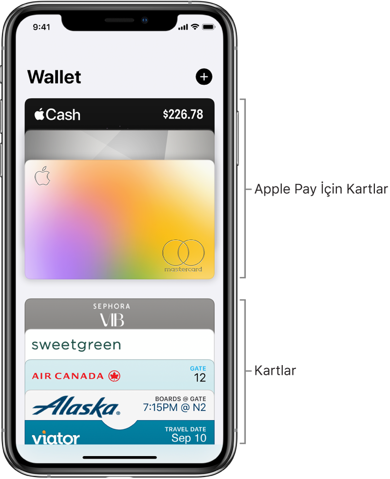 Bazı kredi ve banka kartları ile diğer kartların en üst kısımlarını gösteren Wallet ekranı.