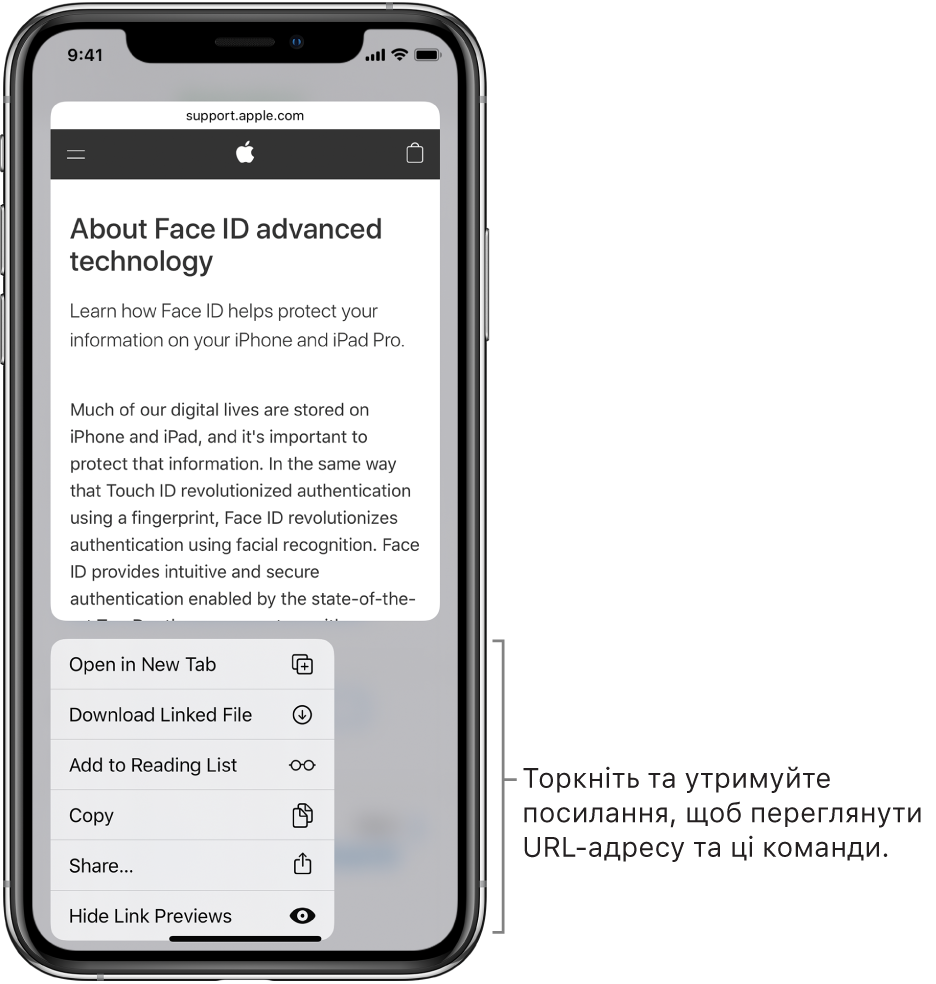 Накладається попередній перегляд URL-адреси призначення і список доступних дій: «Відкрити», «Додати до Читанки», «Додати до Фотографій», «Копіювати» й «Оприлюднити».