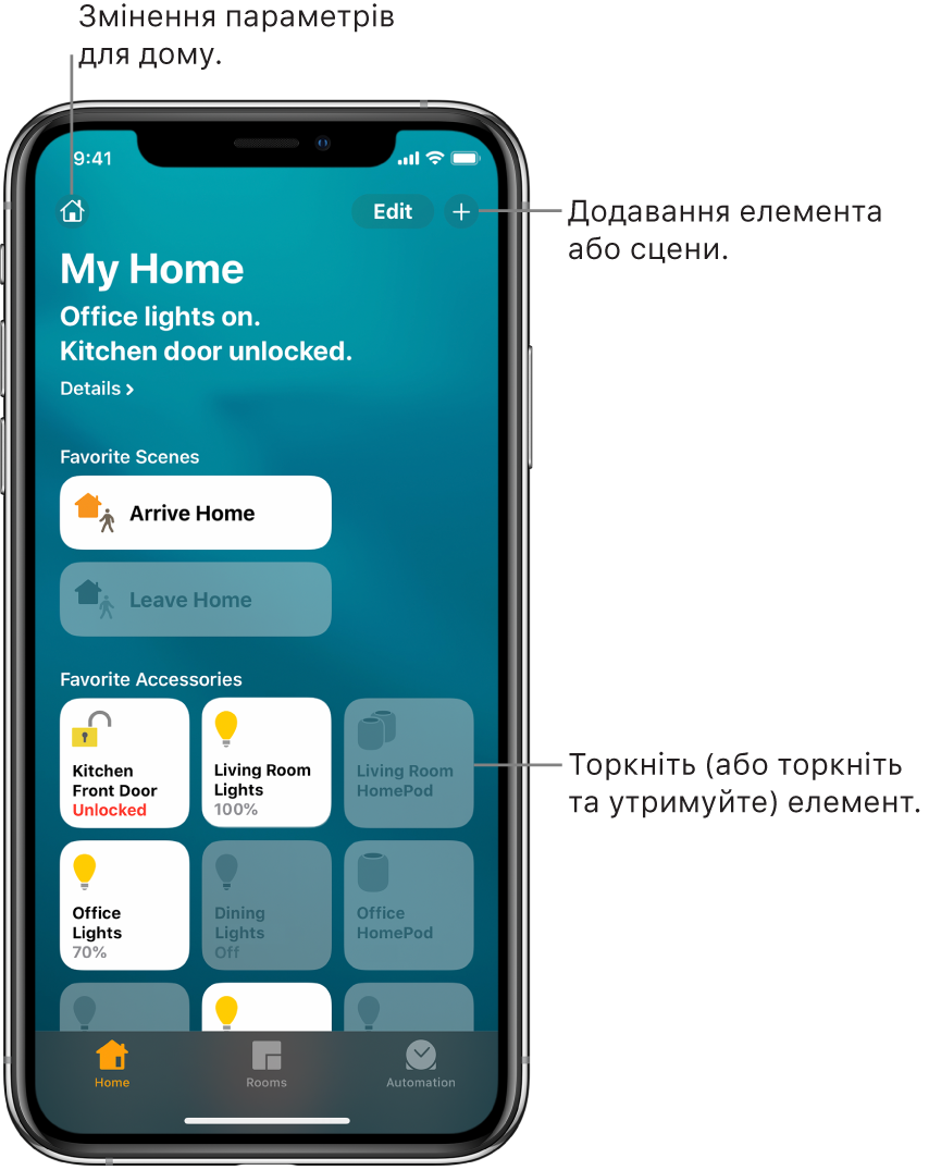 На вкладці «Дім» відображаються схеми та прилади, які ви додали до обраних. Крім того, вона містить короткі відомості про стан дому. Інші вкладки в нижній частині — «Кімнати» та «Автоматизація».