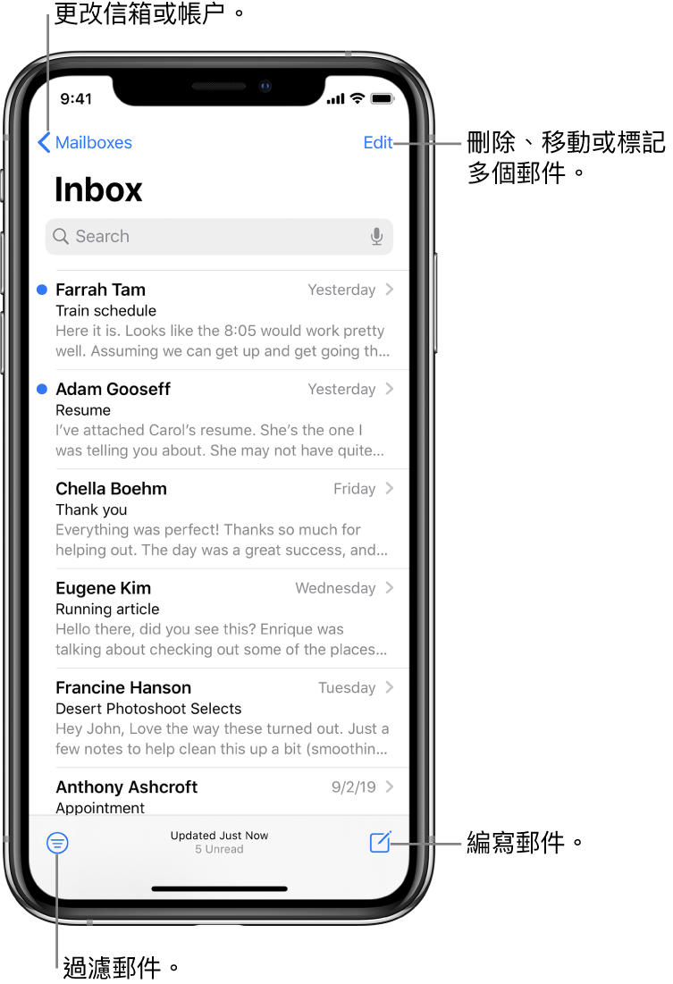 收件箱,顯示電郵列表。用來切換至另一個信箱的「信箱」按鈕位於左上角。用於刪除、移動或標記電郵的「編輯」按鈕位於右上角。用於過濾電郵的按鈕,只有特定類型的電郵顯示在左下角。用於編寫新電郵的按鈕位於右下角