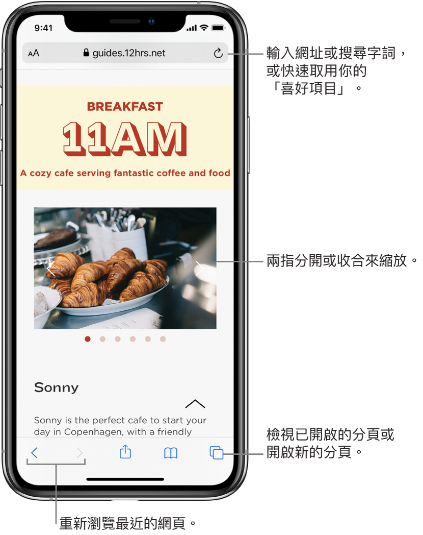 Safari 視窗已開啟網站,頂部有網址欄位。底部由左至右順序為「上一頁」、「下一頁」、「分享」、「書籤」及「頁面」按鈕。