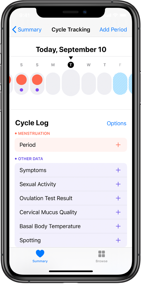 “健康” App 中的“经期跟踪”屏幕。