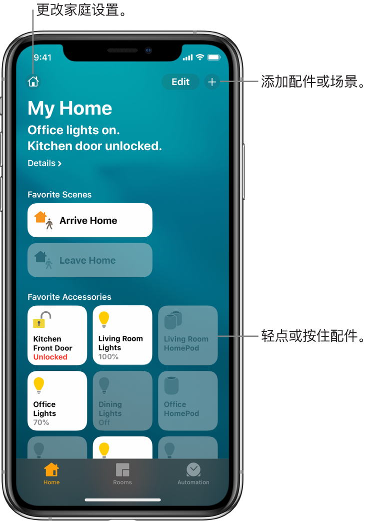 家庭标签显示已标记为个人收藏的场景和配件。还显示了家庭状态的摘要。底部的其他标签有“房间”和“自动化”。