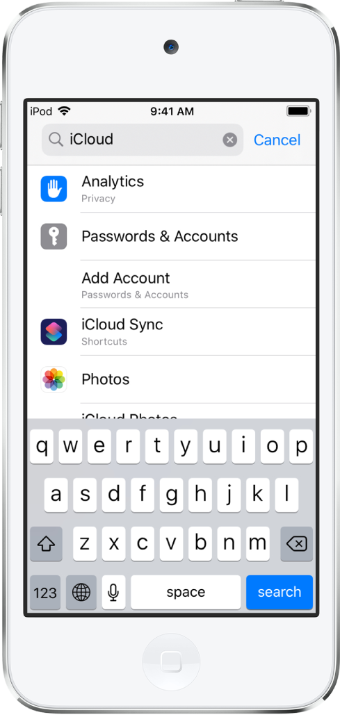 The search settings screen, with the search field at the top. The search term “iCloud” is in the search field, and the found settings are in the list below.