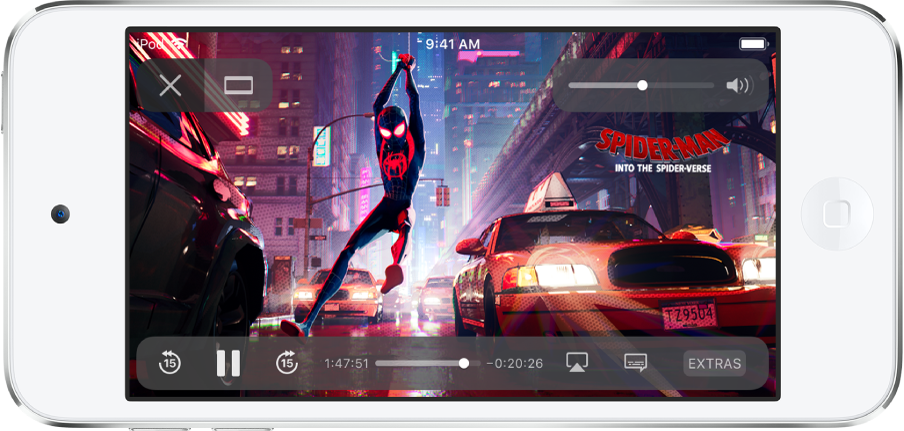 A movie playing, with playback controls showing. The Done and Scale to Fill buttons are at the top left. The volume slider is at the top right. At the bottom left, there are buttons to skip 15 seconds backward, pause, and skip 15 seconds forward. Across the bottom center is a slider that you can drag to adjust the video position; the elapsed time and time remaining appear on either side of the slider. At the bottom right, there are buttons to change the video destination, show subtitles, and play extra content.