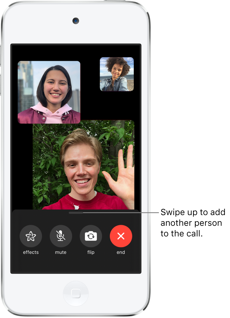 A group FaceTime call with three participants, including the originator. Each participant appears in a separate tile, with larger tiles indicating the more active participants. The controls at the bottom of the screen are effects, mute, flip, and end.