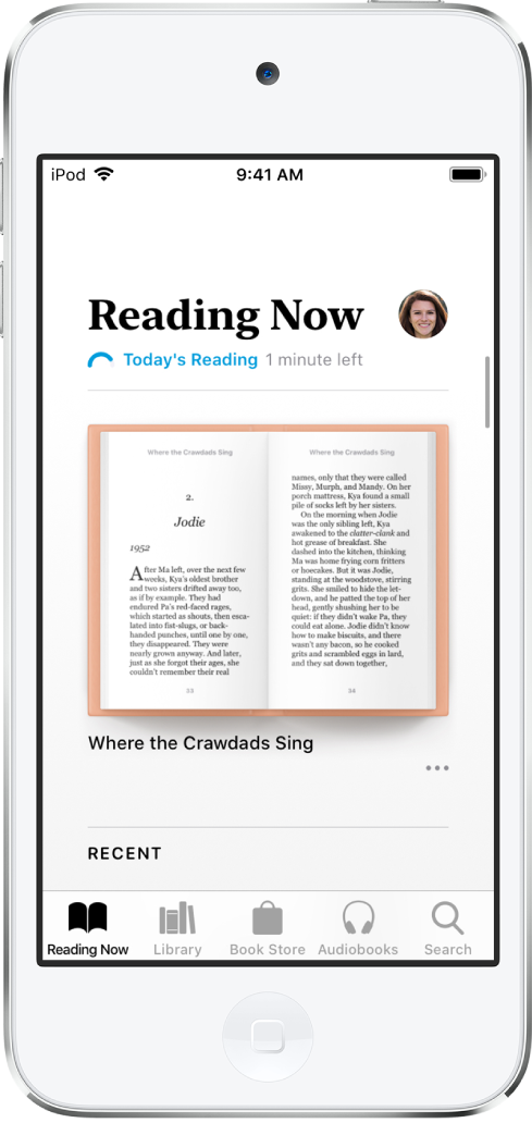 The Reading Now screen in the Books app. At the bottom of the screen are, from left to right, the Reading Now, Library, Book Store, Audiobooks and Search tabs.