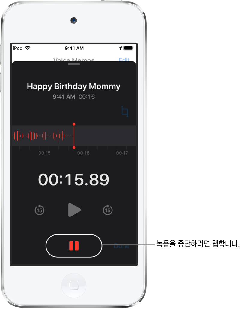 활성화된 일시 정지 버튼 및 흐리게 표시된 재생, 15초 앞으로 건너뛰기, 15초 뒤로 건너뛰기 제어기와 함께 진행 중인 녹음을 표시하는 음성 메모 화면. 화면의 주요 부분은 시간 표시기와 함께 진행 중인 녹음의 파형을 표시함.