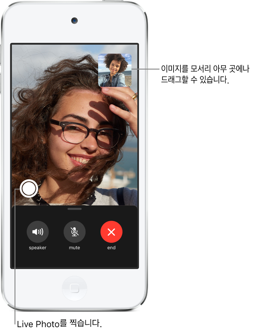 현재 진행 중인 통화를 표시하는 FaceTime 화면. 오른쪽 상단의 작은 사각형에 사용자의 이미지가 나타나며 다른 사람의 이미지가 나머지 화면을 채움. 화면 하단에는 스피커, 소리 끔 및 종료 버튼이 나열되어 있음.