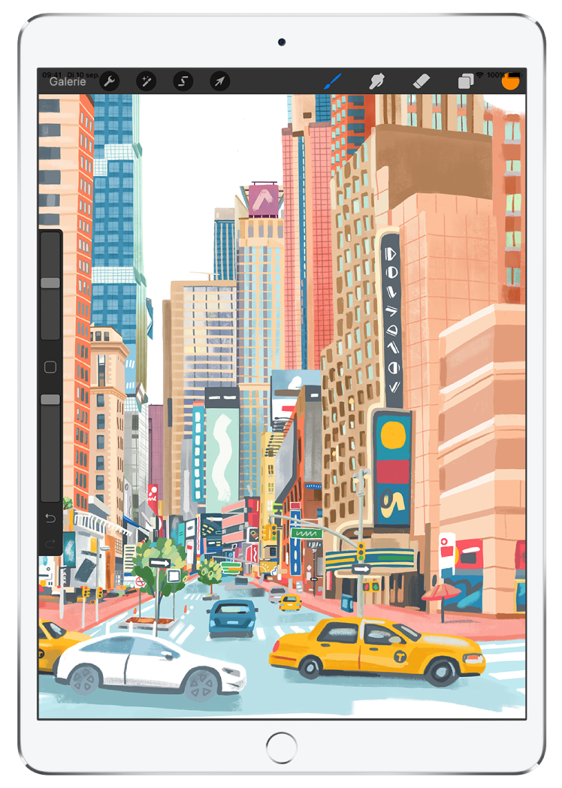 De tekenapp Procreate met een artistieke impressie van een stadsgezicht. Bovenaan staan de beschikbare gereedschappen.