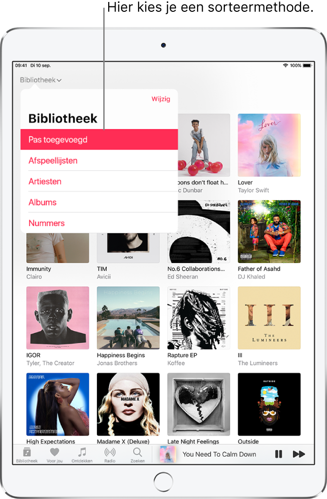 Het bibliotheekscherm met albums in de bibliotheek. Linksboven bevindt zich het geopende bibliotheekmenu met de opties 'Pas toegevoegd', 'Afspeellijsten', 'Artiesten', 'Albums' en 'Nummers'. De optie 'Pas toegevoegd' is geselecteerd. De minispeler wordt rechtsonder weergegeven.
