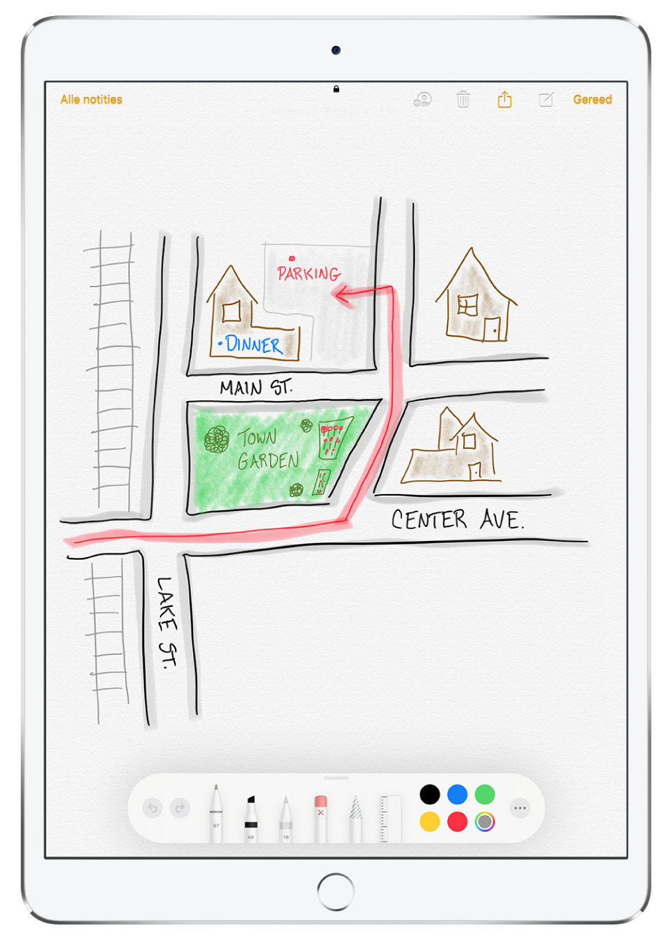 Een tekening van een woonwijk in een notitie. De tekening bevat straten met namen en een rode pijl die naar de beschikbare parkeerplaatsen wijst. Onder in het scherm staat de markeringsknoppenbalk, waarin een schrijfgereedschap en een aangepaste kleur zijn geselecteerd.