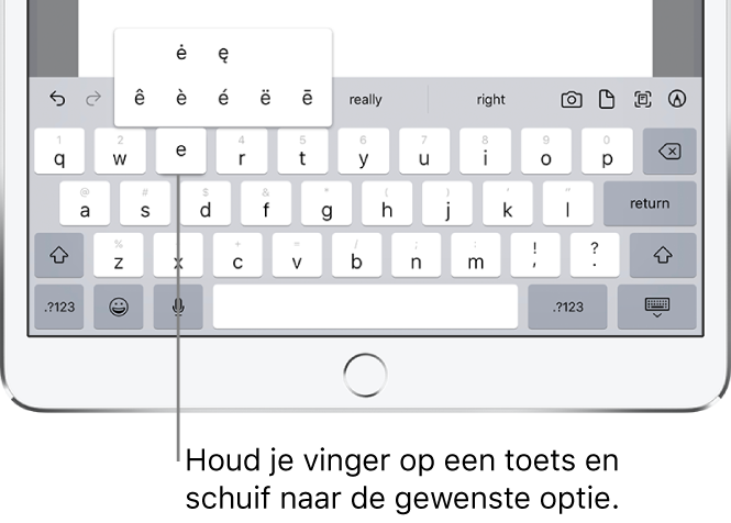 Scherm met alternatieve accenttekens voor de toets "e".