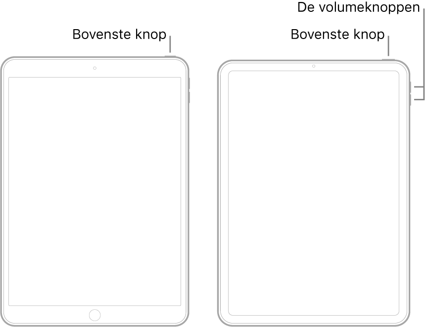 Illustraties van twee iPad-modellen met het scherm naar boven gericht. De meest linkse afbeelding toont een model met een thuisknop aan de onderkant van het apparaat en een bovenste knop rechtsboven aan het apparaat. De meest rechtse afbeelding toont een model zonder thuisknop. Op dit apparaat bevinden zowel de volume-omhoogknop als de volume-omlaagknop zich rechtsboven aan het apparaat en bevindt de bovenste knop zich rechtsboven aan het apparaat.